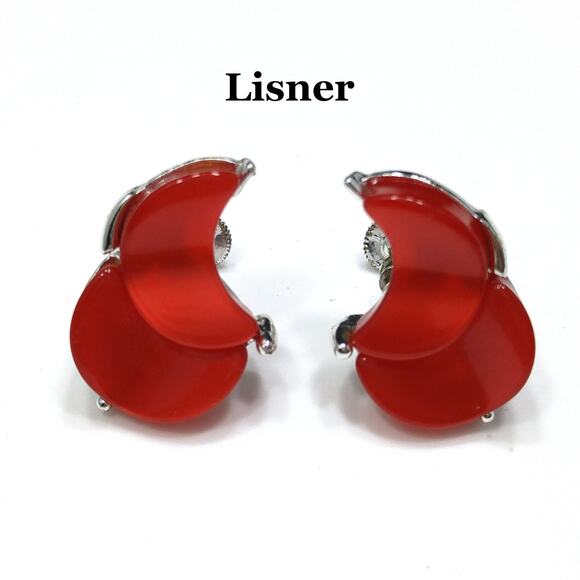 Vintage Lisner Red Screw-Back Earrings, Moonglow Silver Tone, 1950s - Picture 1 of 10